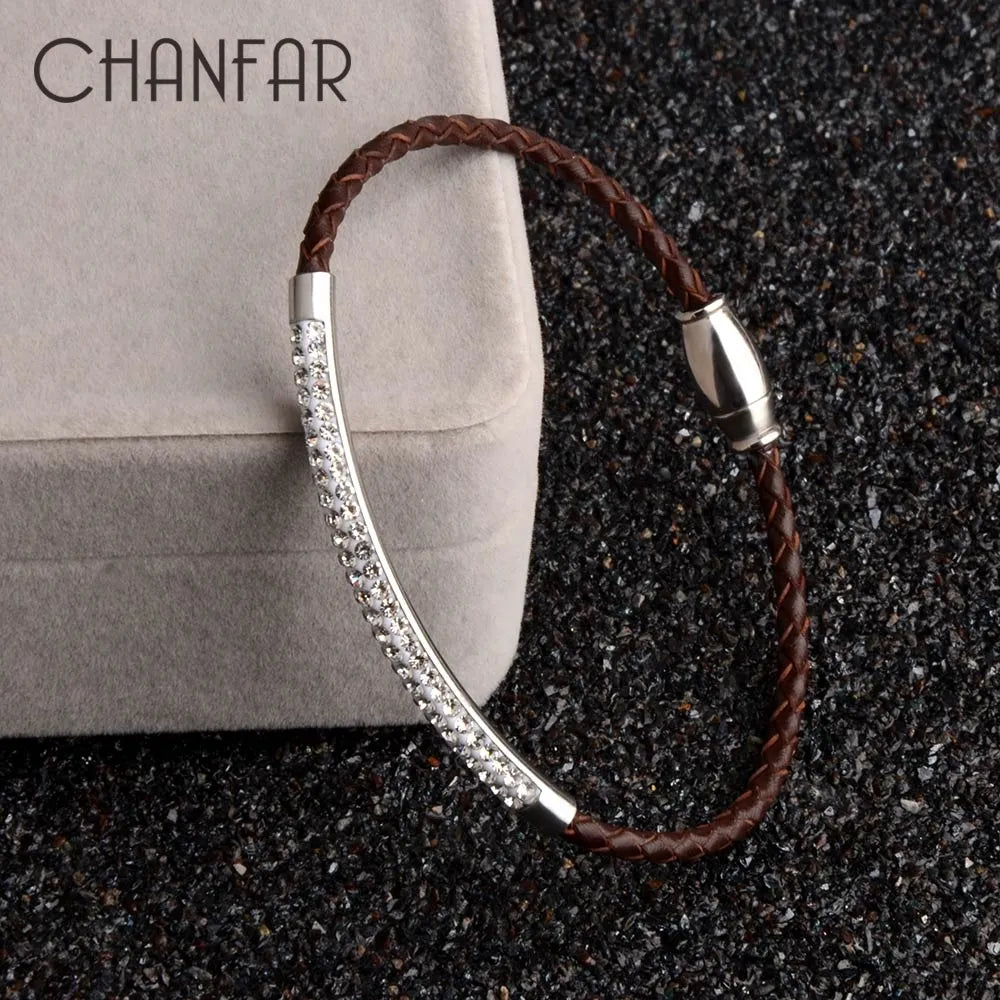 Chanfar Leather Wrap Bracelet for Women, Rhinestone, Steel Magnetic Clasp