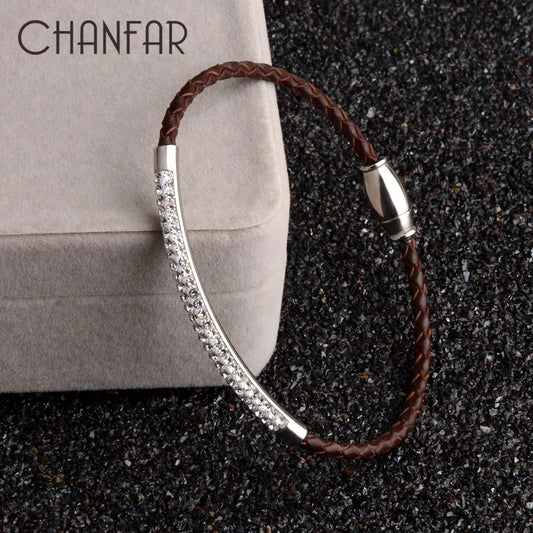 Chanfar Leather Wrap Bracelet for Women, Rhinestone, Steel Magnetic Clasp