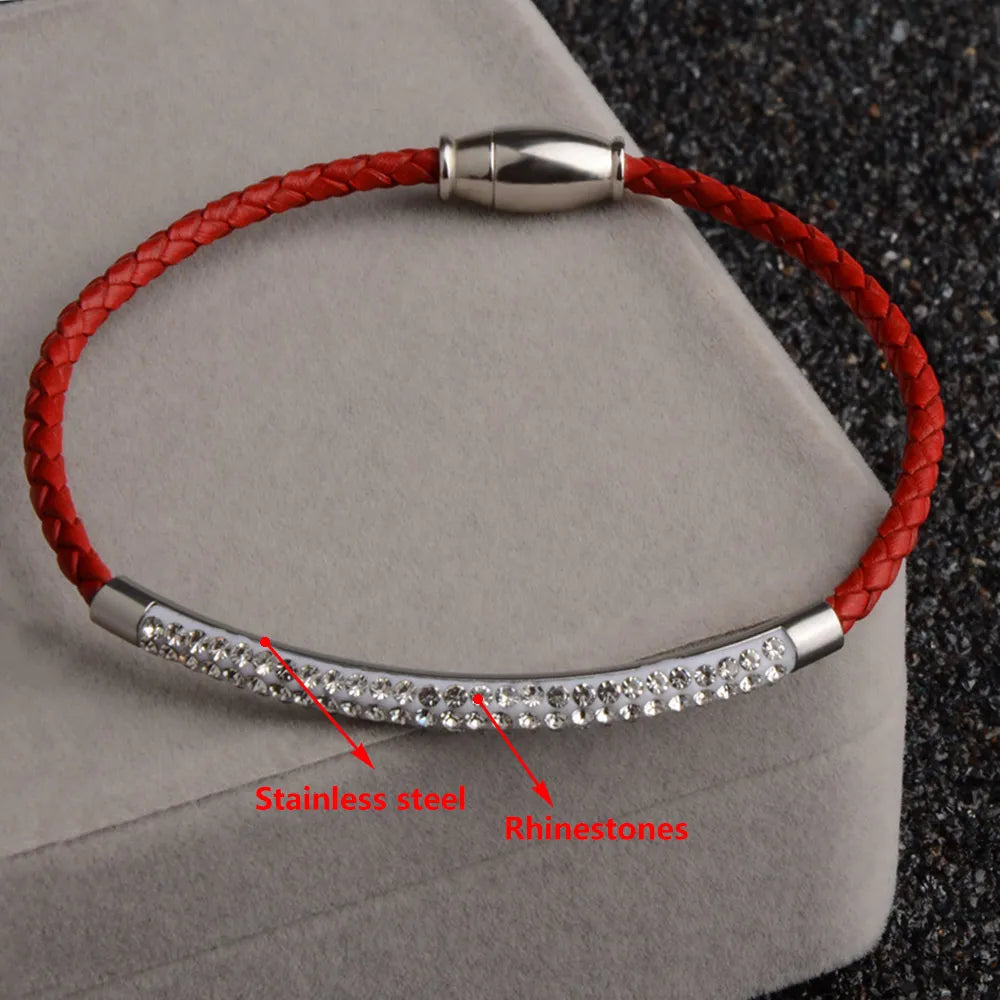 Chanfar Leather Wrap Bracelet for Women, Rhinestone, Steel Magnetic Clasp