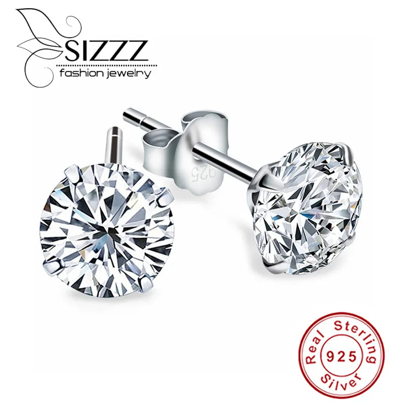 Crystal Zircon 925 Silver Earrings, Channel Cubic Zirconia Studs for Women